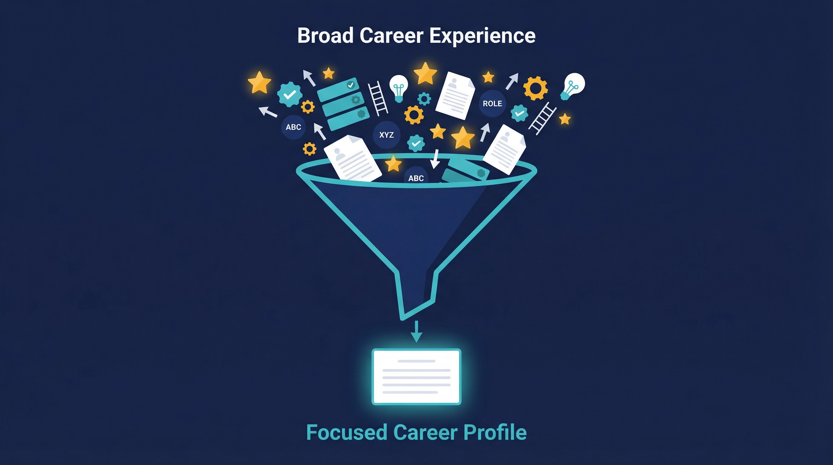 Flat illustration on a dark navy blue background. A large funnel shape with a teal outline sits centre-frame. Above the funnel, a wide variety of career elements flow in from the top — gold star icons representing achievements, teal blocks representing skills, white document shapes representing experience, and labelled role icons. The funnel narrows to a point at the bottom, from which a teal arrow leads to a single glowing white document block representing the focused career profile. "Broad Career Experience" is labelled in white above the funnel, and "Focused Career Profile" is labelled in teal below the output.
