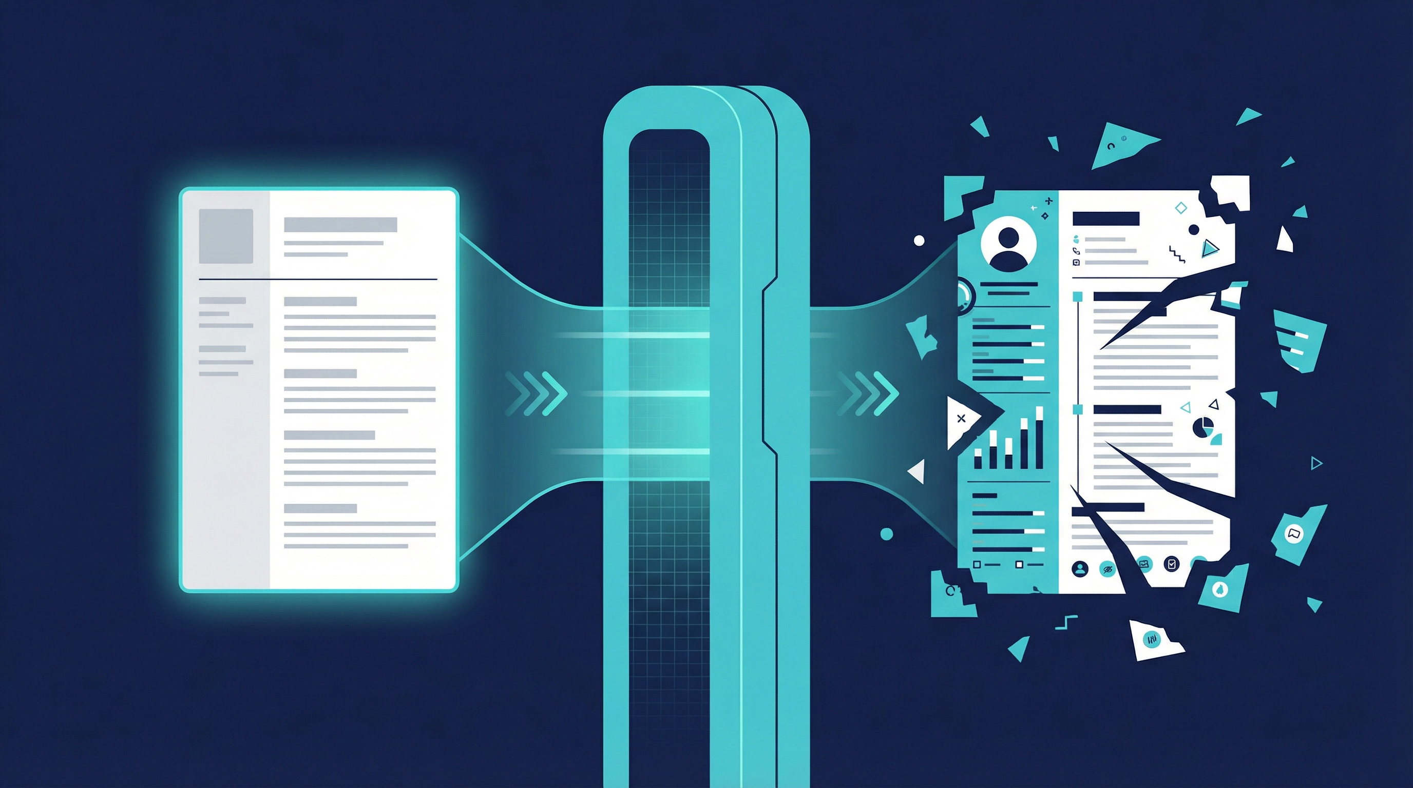 Flat illustration showing two resumes approaching a central digital ATS scanning gateway. On the left, a clean single-column resume passes through smoothly with a teal glow. On the right, a cluttered multi-column resume with graphics and charts fragments and breaks apart as it fails to pass through. Dark navy blue and teal colour palette.